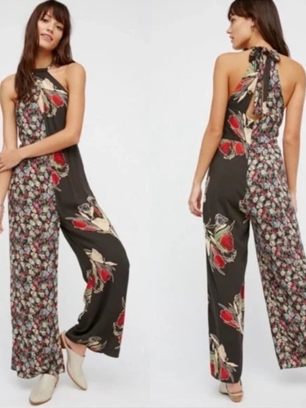 Women's Floral Halter Jumpsuit in Black, Red & Cream